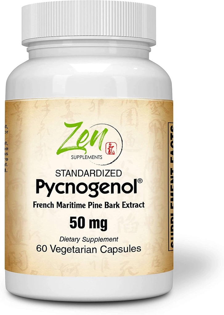 Zen Doplnky Pycnogenol 50mg - Štandardizovaný francúzsky námorný Pine Bark extrakt pre antioxidant a zápal Podpora - Non-GMO, Gluten & Soy Free 60-Vegcaps