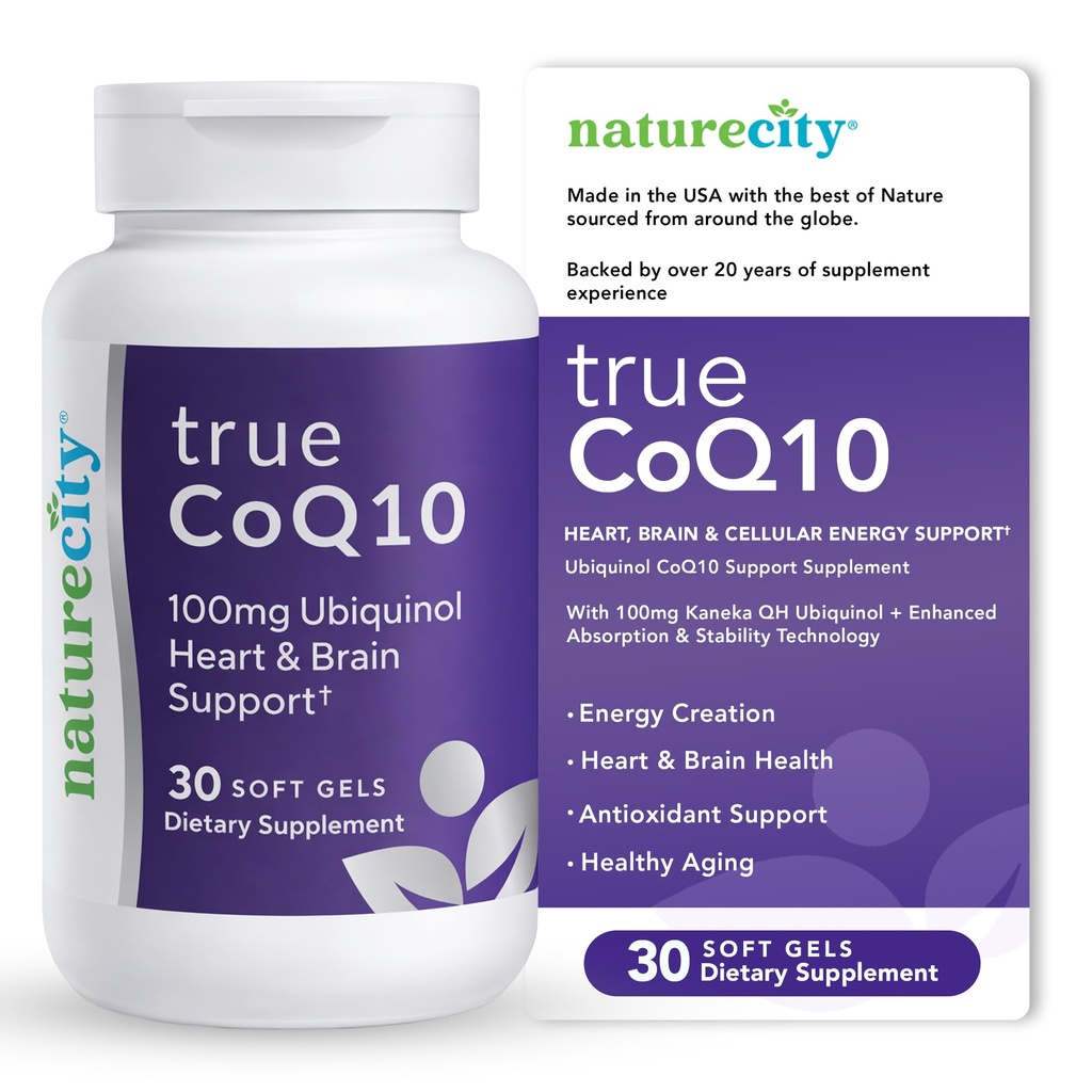 NatureCity True-CoQ10 Ubichinol 100mg Highly Absorbable and Stablized Kaneka QH CoQ10 Heart, Brain and Cellular Energy Supplement - (30 Soft Gels) Active CoQ10 as Ubichinol