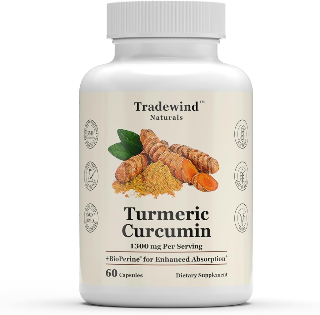 Turmeric Curcumin 1300mg - Premium Turmeric with 95% Curcuminoids & BioPerine Black Pepper Extract - Enhanced Absorption - Non-GMO - 60 Vegetable Capsules - Made in The USA