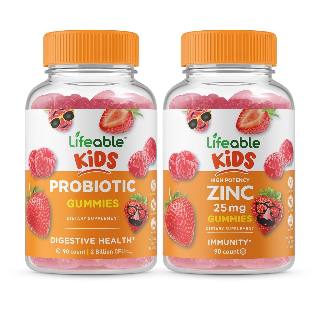 Životaschopné probiotické 2 Miliarda CFU Deti + zinok 25mg Deti, Gummy Bundle - veľké ochutnávky, vitamínové doplnky, bez lepku, bez GMO, Žuvacia Gummy