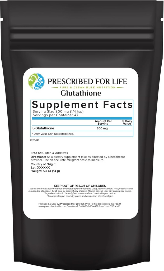 Predpísaný prášok pre život L Glutatión, čistý znížený glutatión, tripeptid aminokyselín Glycín, glutamín a cysteín, Antioxidanty doplnok pre imunitnú podporu (0,5oz / 14g)