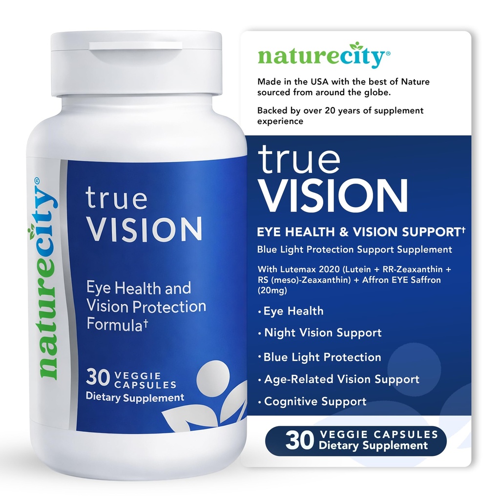 NatureCity True-Vision Eye Health Supplement - Plant-Based Lutein a Zeaxantin s vysokou potenciou Saffron 20mg - Blue Light Protection, Support Central and Night Vision (30 Veggie Capsules)
