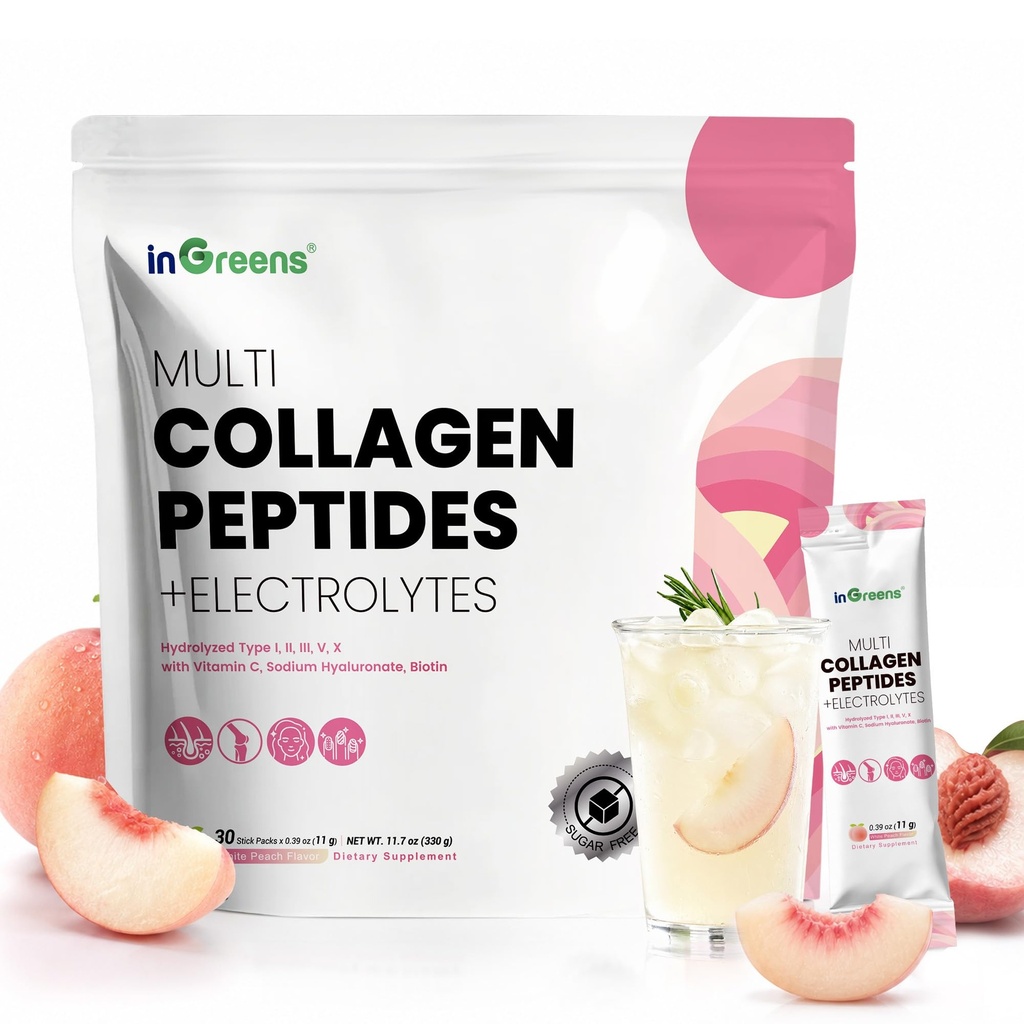 inGreens Multi Collagen Peptides Powder Packets with Electrolytes, Hydrolyzed Type I, II, III, V, X Collagen for Women Men, Biotin, Sugar Free, Skin Hydration & Joint Support, White Peach, 30 Sticks