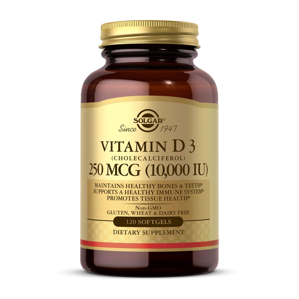 Solgar Vitamín D3 (Cholekalciferol) 250 MCG (10 000 IU), 120 Softgels - Pomáha udržiavať zdravé kosti a zuby - Imunitný systém Podpora - Non GMO, Gluten Free, Dairy Free - 120 Serviv