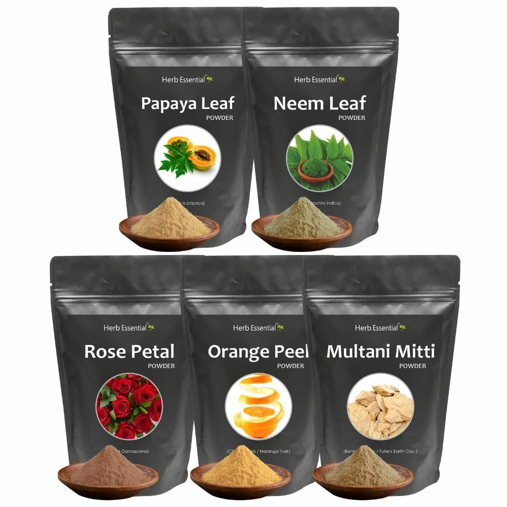 Herb Essential Face Pack Combo Includes Rose Petal, Orange Peel, Multani Mitti with Papaya & Neem Leaf, Natural Supplement Skin Care Kit- 5 Packs (0.88 oz Each)