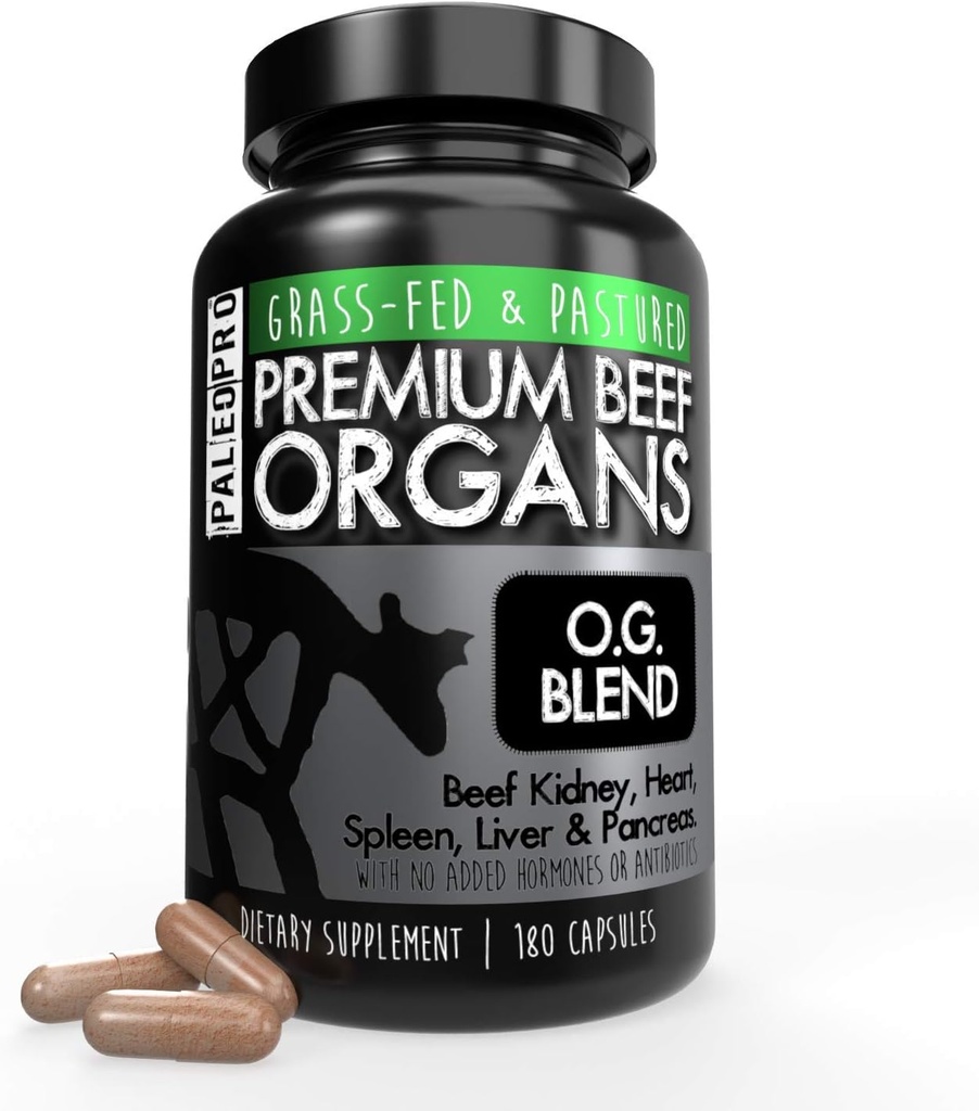 Paleo Pro O.G. Blend Premium Beef Organs Capsules, Kidney, Heart, Liver, Spleen and Pancreas from Grass Fed & Pastured Cows, Dietary Supplement, No Added Hormones or Antibiotics, 180 Capsules