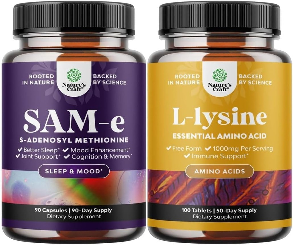 Bundle of Pure SAM E Supplement 150mg - Nootropic Rovnaké 150mg Per Serving for Memory & Brain Support and L Lysin 1000mg Free Form - L-Lysine Supplement for Eye Health Lip Care Collagen Synthesis