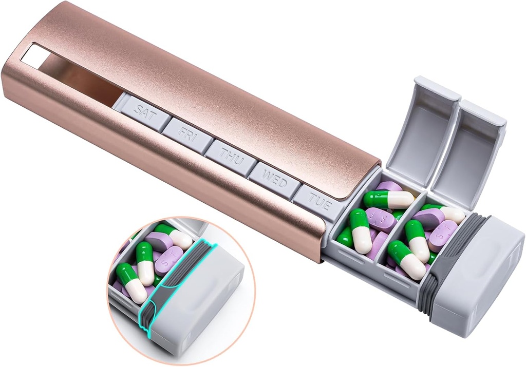 Daviky Metal Travel Pill Organizátor, Premium Aluminum Pill Box 7 deň, Týždenný Daily Pill Case, Stylish & Cute Pill Holder pre lieky, doplnky a vitamíny (Pink+Gray)