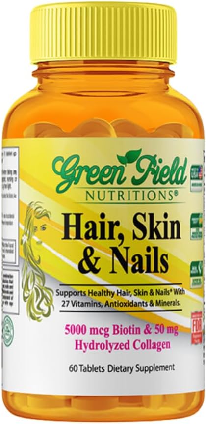 Greenfield Nutrition Halal Biotin Tableta pre dospelých - 60 Halal Multivitamín pre vlasy kože a nechtov - Vysoká účinnosť 5000mcg Biotin s 50mg kolagénu a minerálov - Želatína Gluten bez, non-GMO vitamín