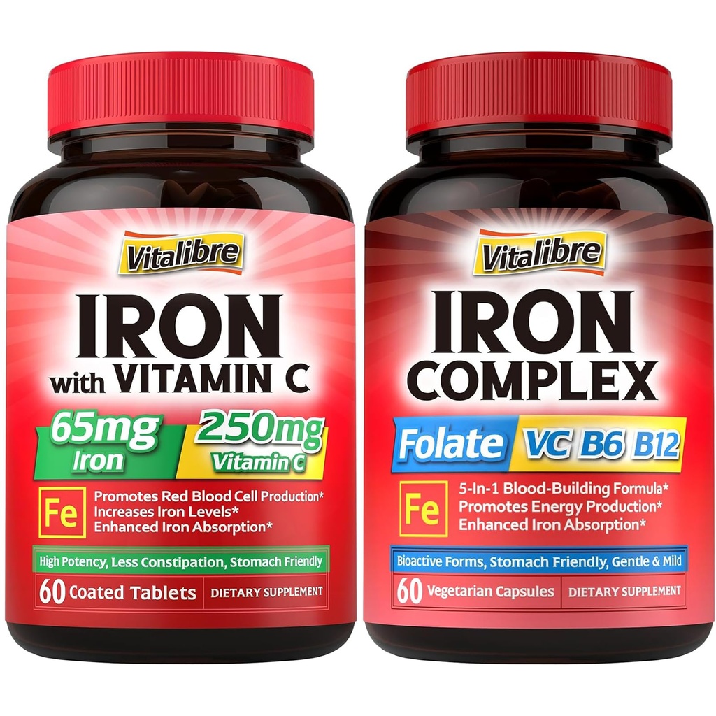 Železo doplnok pre ženy a mužov, s vitamínmi C, B6, B12 a folát + železo doplnok, 65 mg karbonylu železa s 250 mg vitamínu C