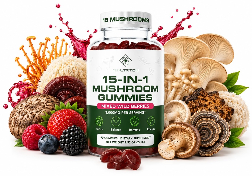 15-in-1 Sugar-Free Mushroom Complex Gummies 10:1 Extract - Lion's Mane, Cordyceps, Chaga, Reishi, Turkey Tail, Tremella & More for Memory, Focus, Immunity - 90 Wild Berry Gummies