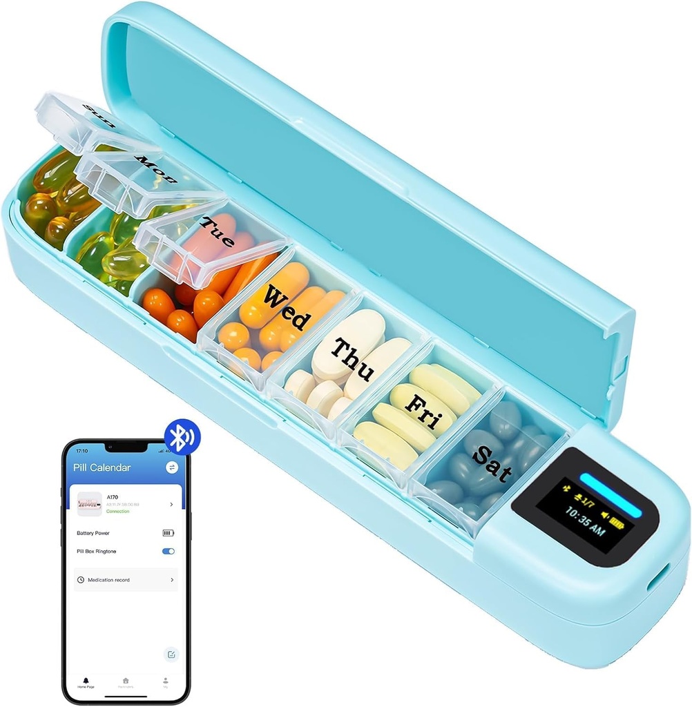Daviky Smart pilulka Organizátor s alarmom, Bluetooth Denné Raz denne pilulky 7 deň s APP, Týždenné cestovné pilulky Prípad, Prenosné pilulky Pripomienka pre lieky, Doplnky a vitamíny [zelené]