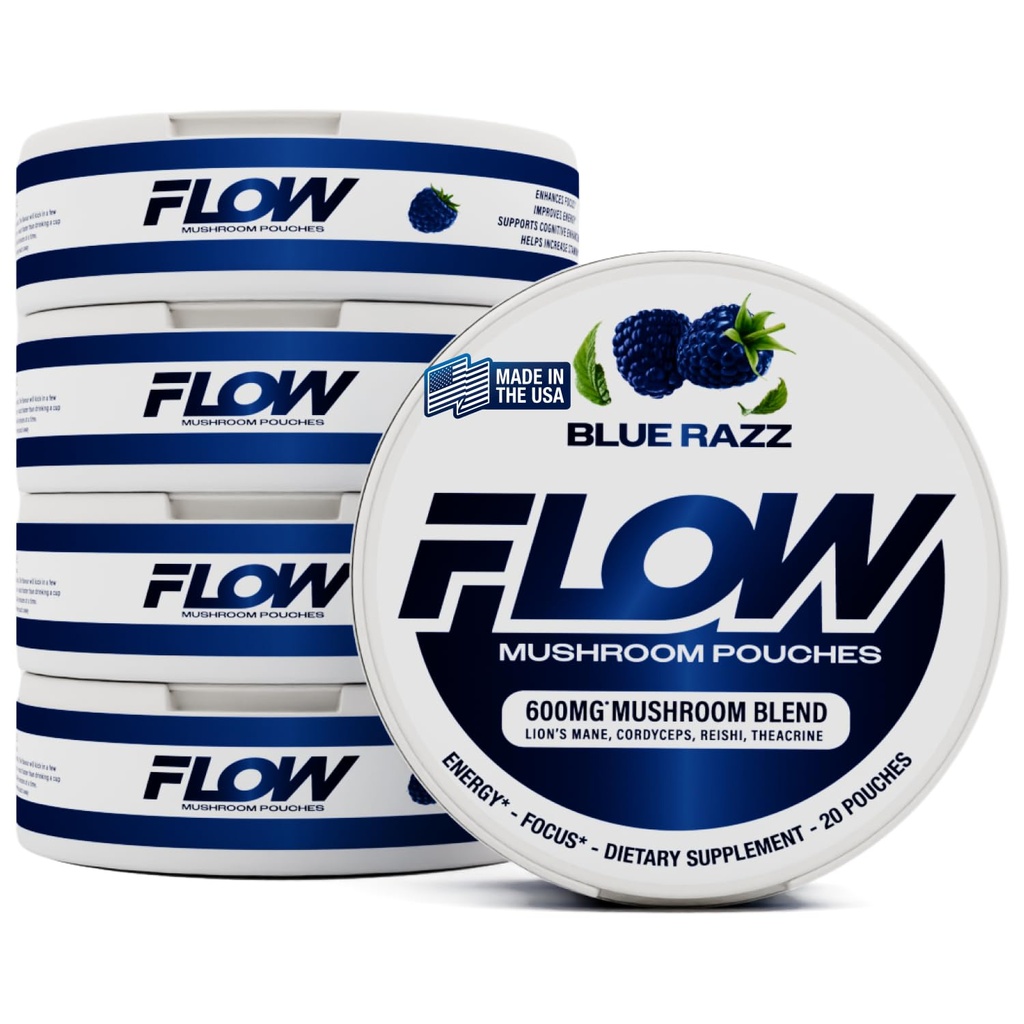 Flow Pouches Mushroom Nootropic Pouches, 600mg Lion's Mane Reishi Cordyceps Energy Pouches for Focus and Clean Energy, Caffeine Free Sugar Free Nicotine Free, Now Made in USA (5 Cans, Blue Razz)