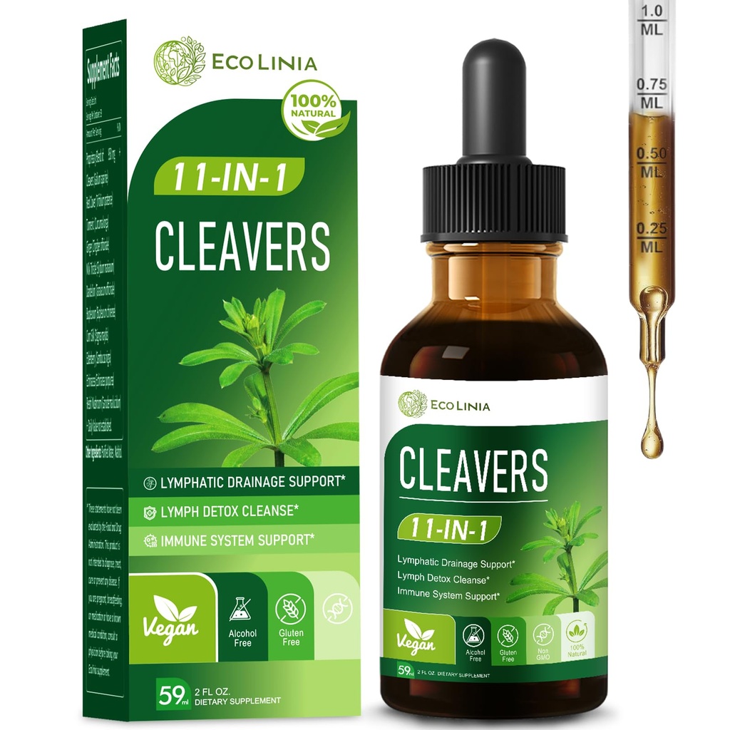 Cleavers Herb Extract Organic Drops for Lymphatic Drainage, 11-in-1 Herbal Blend Liquid for Lymph Detox Cleanse with Milk Thistle Dandelion, Immune Support w/Elderberry Reishi.2 oz