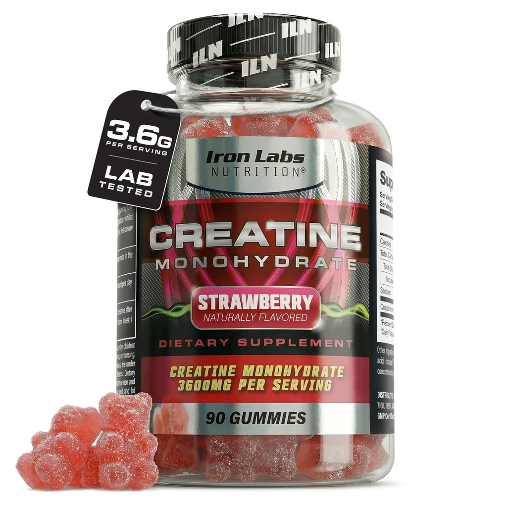 Iron Labs Nutrition Creatine Monohydrate Gummies (90 Gummy Bears) - 3600mg Per Serving - LAB Tested - Strawberry Flavor - High Strength Creatina for Men & Women (90 Vegan Gummys)