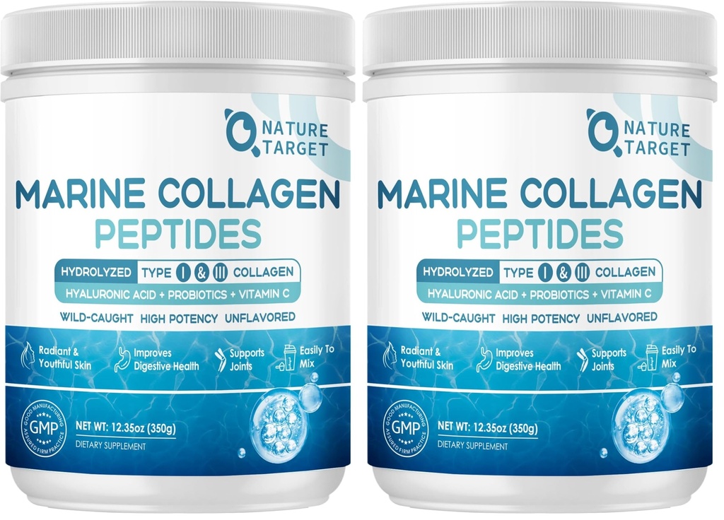 NATURE TARGET Marine Collagen Peptides Powder - Type I & III Collagen with Probiotics, Vitamin C & Hyaluronic Acid for Skin, Hair, Nails, Wild-Caught Fish & Grass-Fed Bovine, 35 Servings (Pack of 2)
