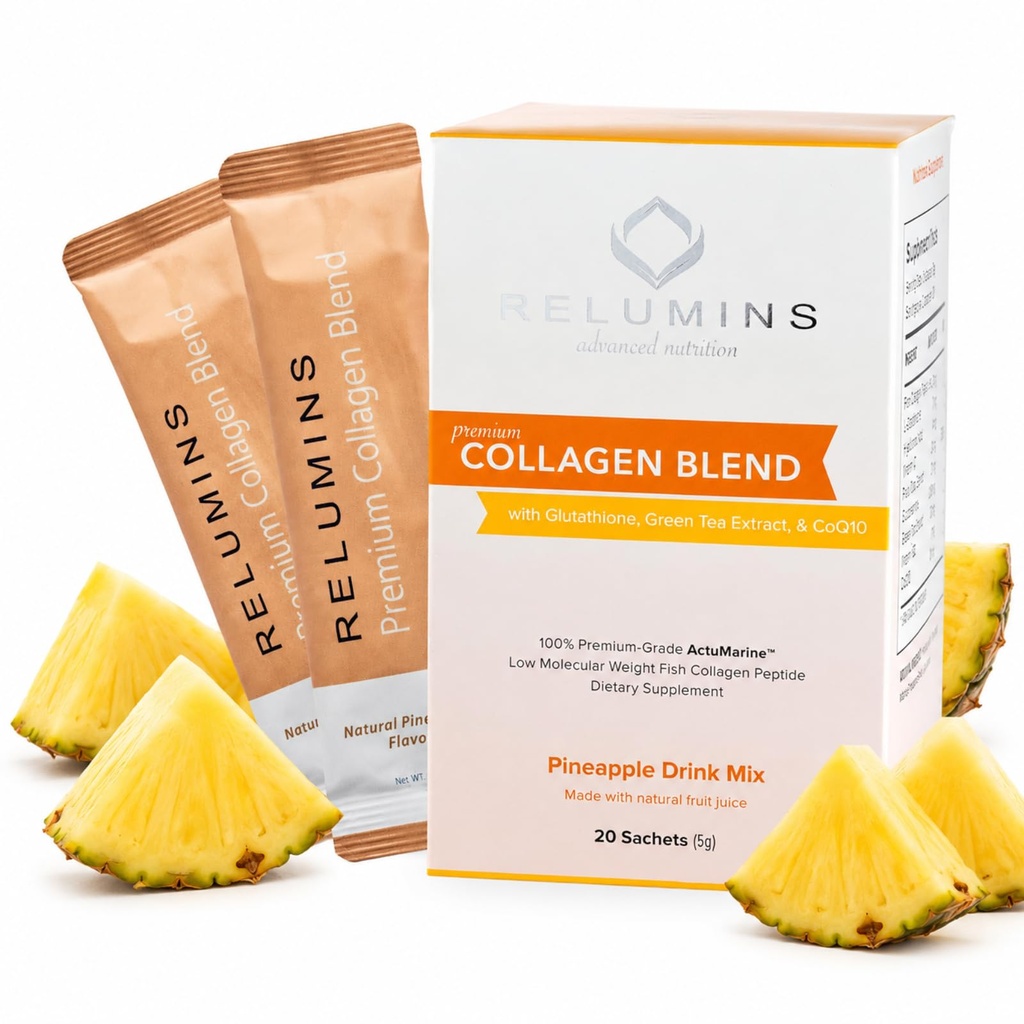 Relumins Marine Collagen Drink Mix 5000mg Type I, II, III Peptides with Glutathione, Green Tea, CoQ10 & Hyaluronic Acid for Smooth Glowing Skin - Pineapple Flavor - 10 Sachets