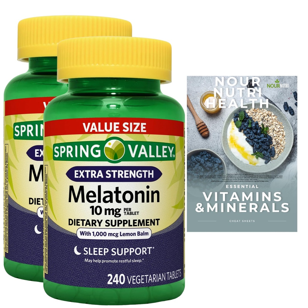 2 Pack of Extra Strength Sleep Support Melatonin Tablets Dietary Supplement Value Size, 10 mg, 240 Count, 2 Bottle, Includes Exclusive Vitamin and Mineral Guide