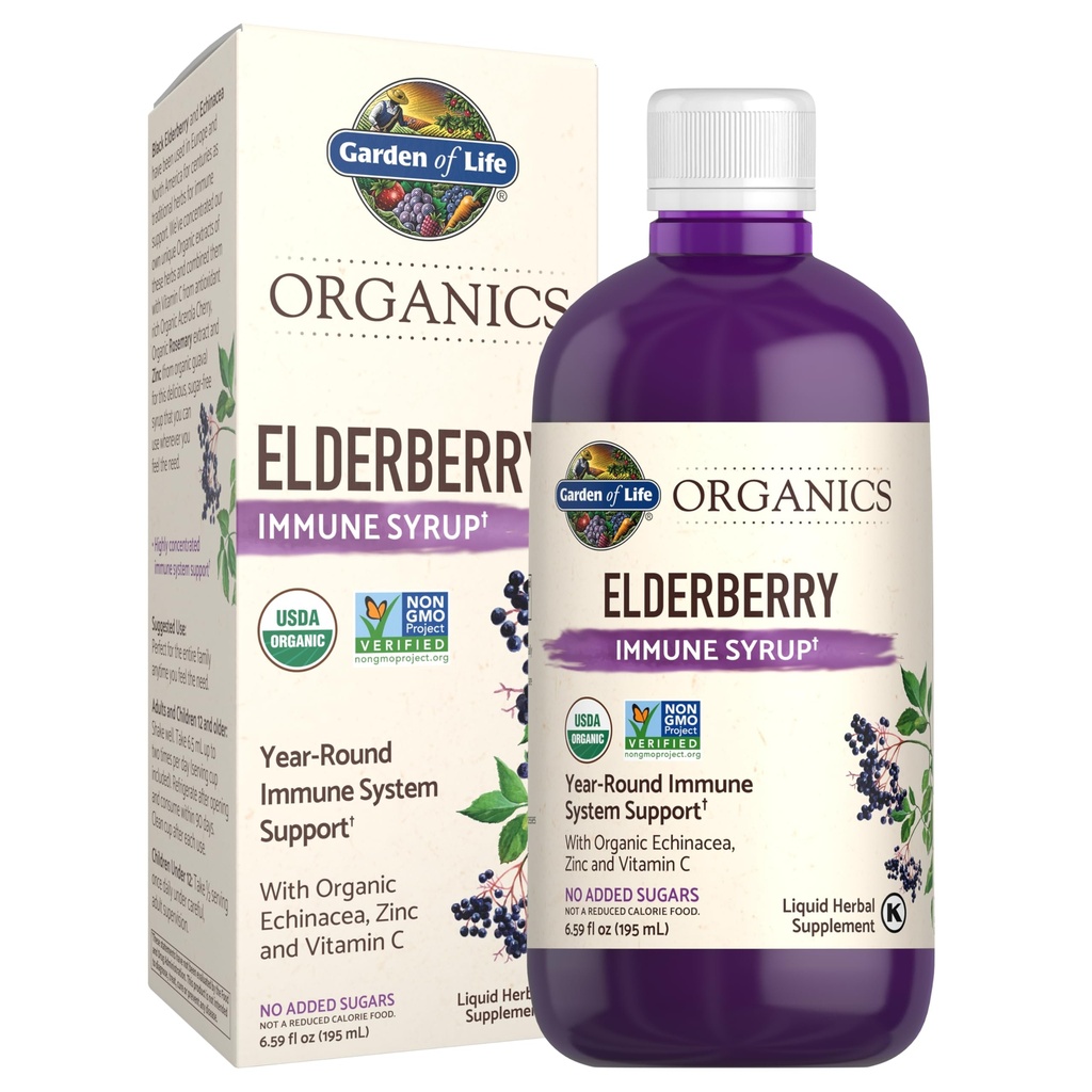 Garden of Life Organics Plant Based Elderberry Immune Sirup 6,59 floz (195 ml) pre deti a dospelých - Sambucus, Echinacea, Zinok a vitamín C, 0g Cukor, Organic Vegan Gluten Free Herbal Supplement