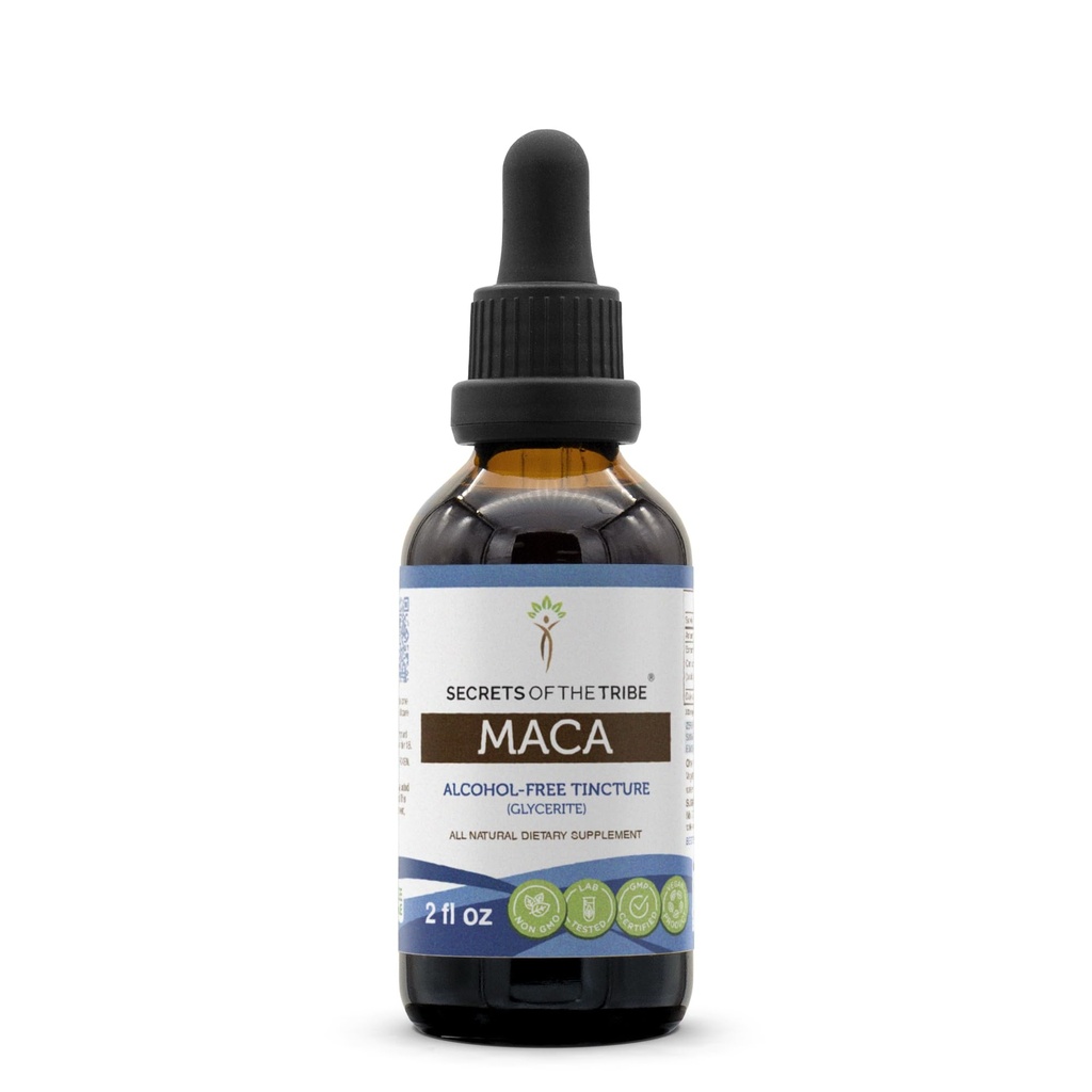 Secrets of the Tribe Maca Tincture Alcohol-Free Extract, Maca (Lepidium Meyenii) Dried Root Tincture Supplement (2 FL OZ)