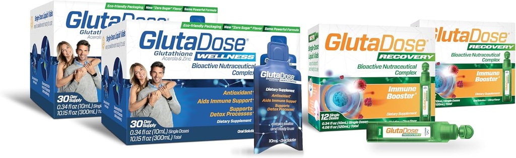 GlutaDose Ultimate Immune Boost & Daily Detox Bundle, Cold & Flu Recovery, Immune & Energy Support, Glutatión, Astragalus, Echinacea, Acerola (1 000 mg Blend), Selenium, Zinok, Liquid Supplements