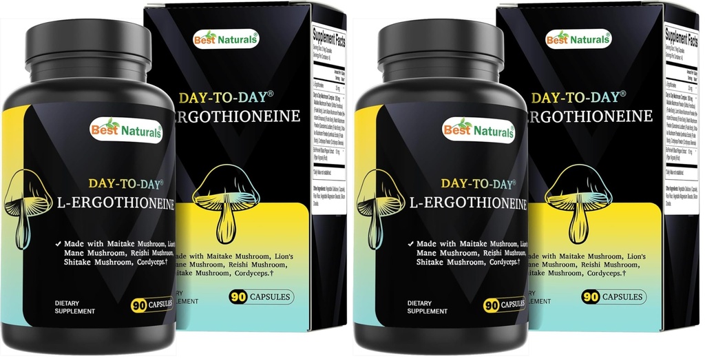 Best Naturals Day-to-Day L-Ergothioneine 25 mg with Maitake Mushrom, Lion's Mane Mushroom, Reishi Mushroom 90 Capsules (Pack of 2)