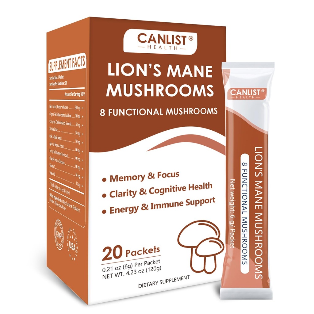 CANLIST Lion's Mane Mushroom Powder with Lions Mane, Cordyceps, Chaga, Reishi, Shiitake, Boletus, Agaricus Bisporus, Turkey Tail for Better Energy, Cognitive Focus & Immune Support, 20 Packets