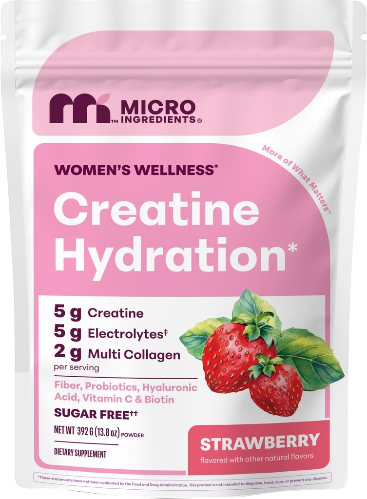 Micro Ingredients Creatine Hydration Powder for Women | 5g Creatine Monohydrate + Collagen + Electrolytes | with Probiotics, Hyaluronic Acid & Biotin | Sugar-Free Strawberry Flavor, 30 Servings