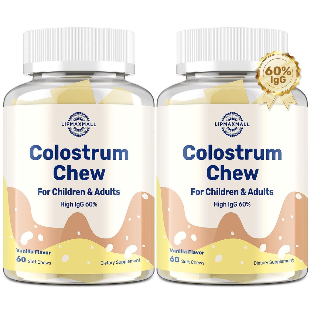 Bovine Colostrum Chews Supplement with 60% IgG for Humans Women Men Kids- for Immune, Gut, Bone, Joint, Cognitive, Overall Growth, from Grass-Fed Cows & Vanilla Flavor, 60 Soft Chews (2 Bottles)