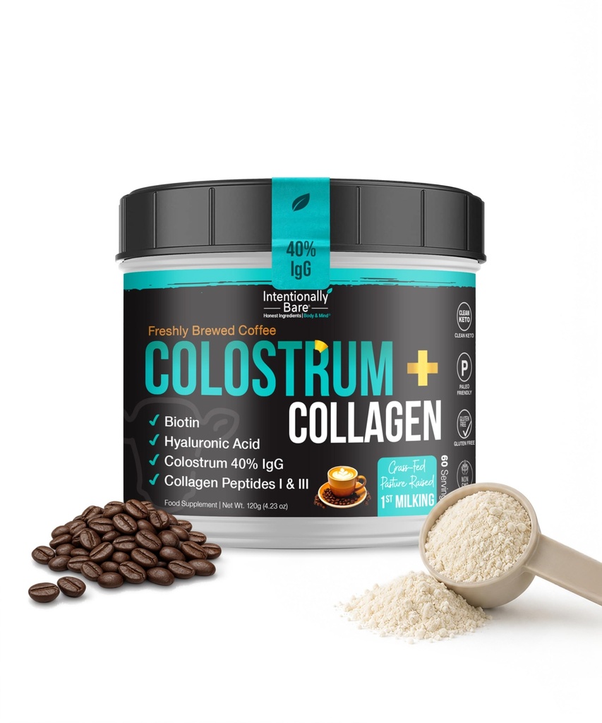 Intentionally Bare Grass Fed Colostrum Powder & Collagen Peptides - First Milking - Bovine Colostrum Powder with Collagen, Biotin & Hyaluronic Acid - for Hair, Skin & Nails -Brewed Coffee -60 Servings