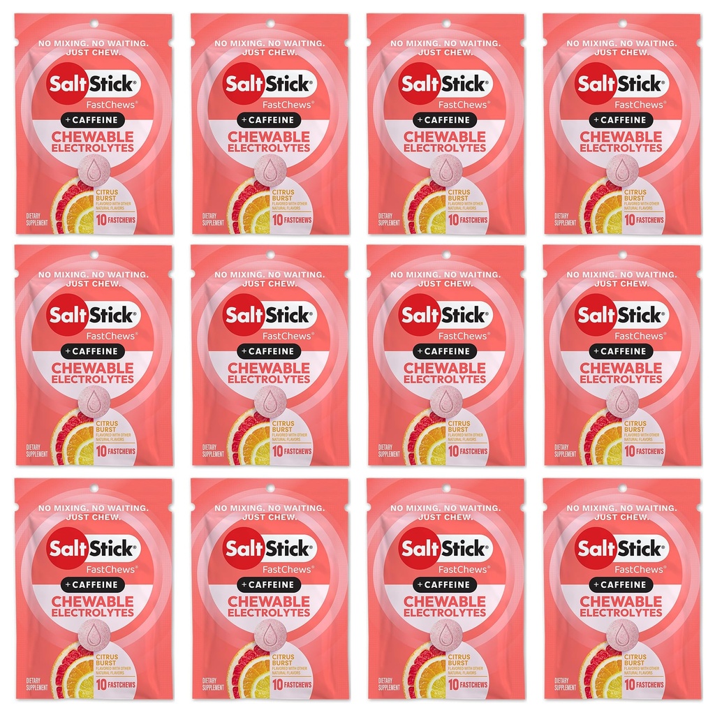 SaltStick Chewable Electrolytes with Caffeine - 120 Citrus Burst Chewable Tablets - Just Chew It, Electrolyte Chews for Hydration, Salt Chews - 12 Packets of 10 Tablets Each