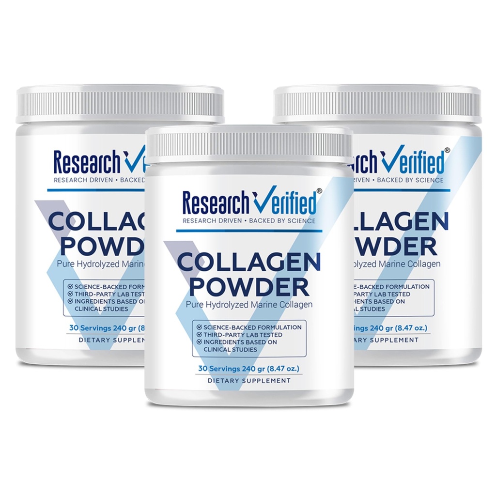 Research Verified® Collagen Powder - Hydrolyzed Marine Collagen Peptides - Unflavored - Skin Hydration and Elasticity, Muscle Recovery, Non GMO - 30 Scoops Per Container - 3 Month Supply