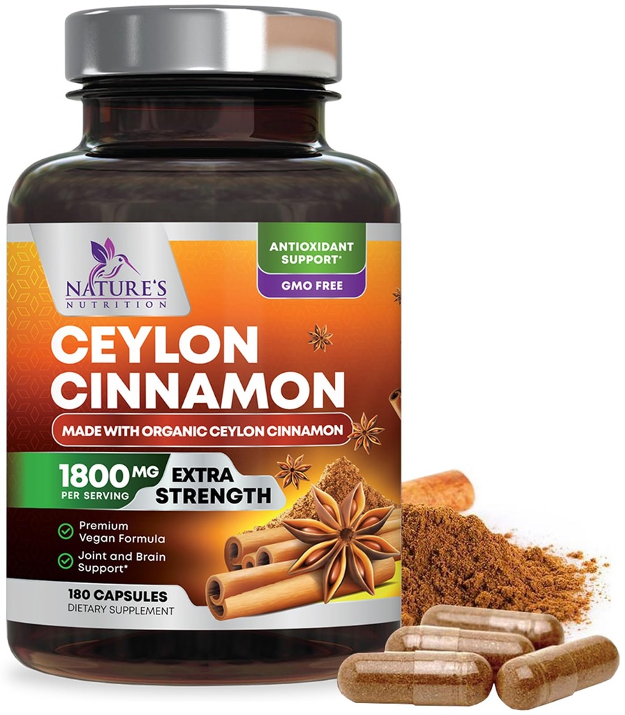 Organic Ceylon Cinnamon Capsules - Extra Strength Certified Organic Ceylon Cinnamon Supplement 1800mg Per Serving - Energy & Heart Support Antioxidant Pill for Women & Men, Bottled USA - 180 Capsules