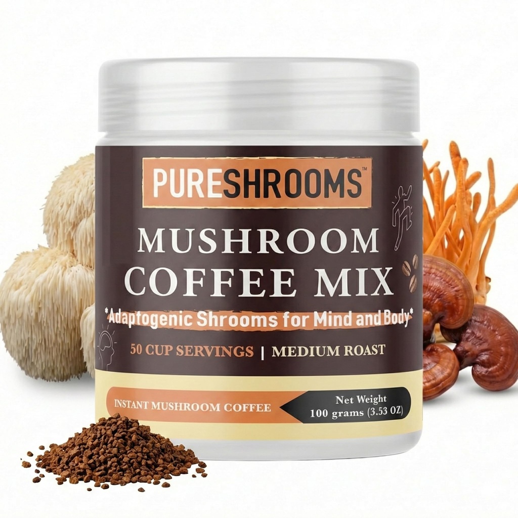 PureShrooms Instant Mushroom Coffee with Organic Lion’s Mane, Reishi & Cordyceps | Freeze-Dried Colombian Arabica | 600mg Mushroom Extracts per Serving | Low Acid | Keto Friendly | 100g