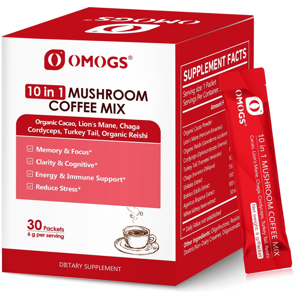 OMOGS Mushroom Coffee, 10 in 1 Extract Powder Blend Lion's Mane, Reishi, Cordyceps, Chaga, Turkey Tail, Instant Coffee-for Energy, Focus, Memory, Digestion & Immunity, 30 Serving