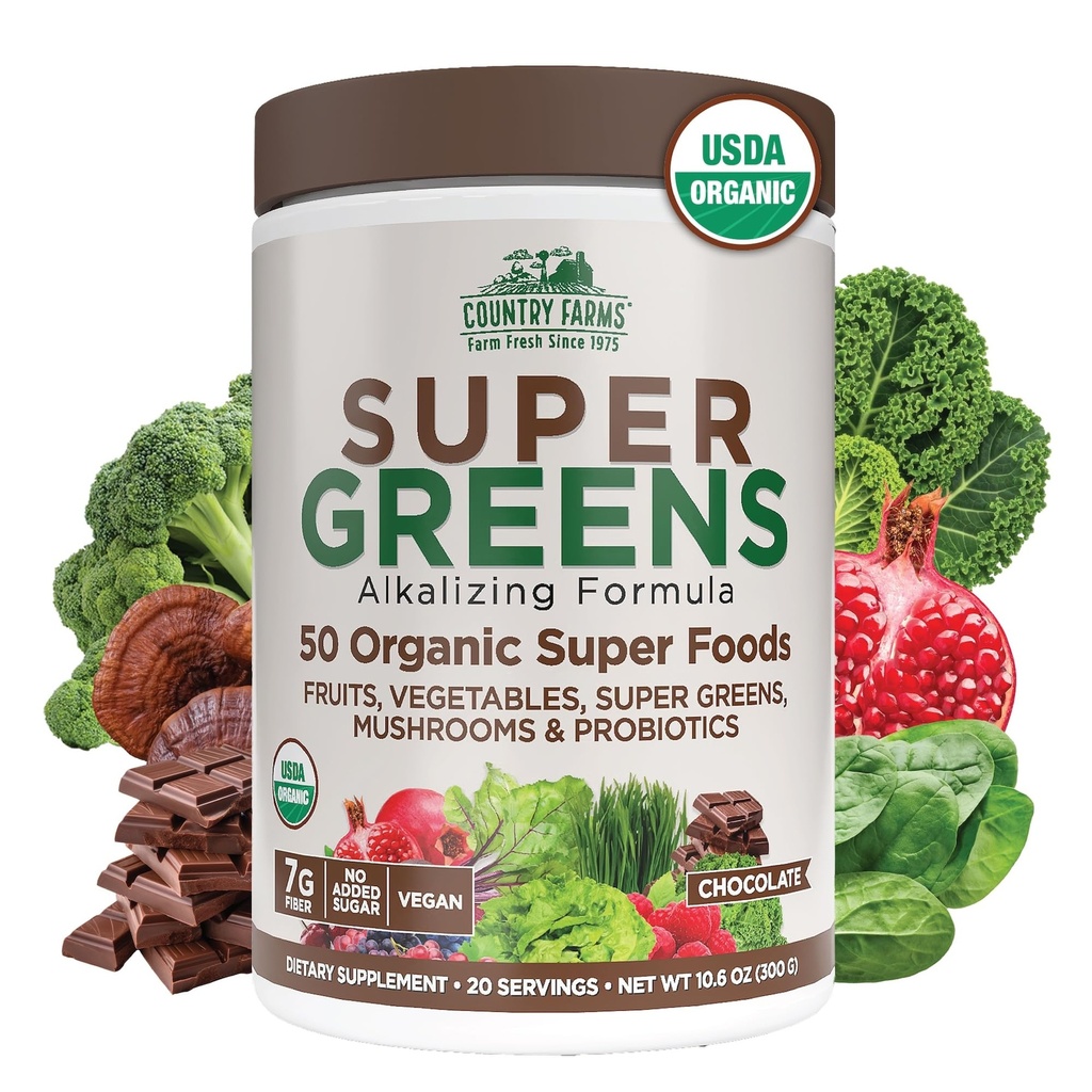 Country Farmy Organic Super Greens Chocolate flavor, 50 Organic Super Foods, USDA Organic Drink Mix, balené s vlákninou, ovocie, Zelenina, Huby a probiotiká, podporuje energiu, 7g Fiber