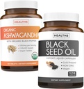 Bundle of Black Seed Oil & Organic Ashwagandha - Obnoviť a nabiť Bundle - Black Seed Oil - 120 Soft-gel kapsuly (non-GMO & Vegetarian) a Organic Ashwagandha Root Powder 1350mg slúžiť (120 tabliet)