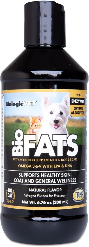 BiologicVET BioFATS - obsahuje Omegas 3, 6 a 9 - s EPA, DHA a ALA - pre psov a mačky - Skin & Joint Health Support - Obsahuje ryby, ľanové semeno a olivový olej - 6.76 fl. oz.