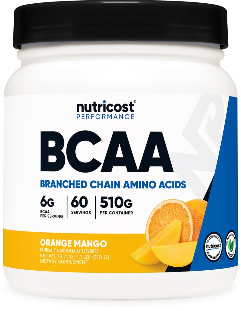 Nutricost BCAA Powder (Orange Mango, 60 Servings) - 2:1:1 Optimálny pomer, bez lepidla, Non-GMO, Vegetarian