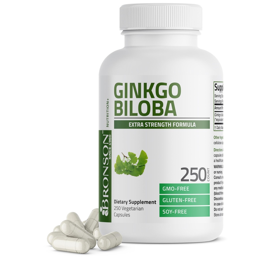 Bronson Ginkgo Biloba Extra sila podporuje funkciu mozgu a podporu pamäte, 250 Vegetariánske kapsule