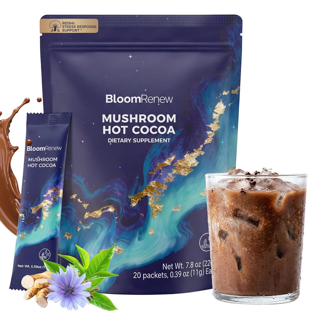 Mushroom Hot Cocoa, Adaptogenic Cocoa Powder with Organic Reishi, L-Theanine, Melatonin & Glycine for Sleep, Stress Support, Keto-Friendly, Gluten & Drug-Free, On-the-Go, 20 Packets