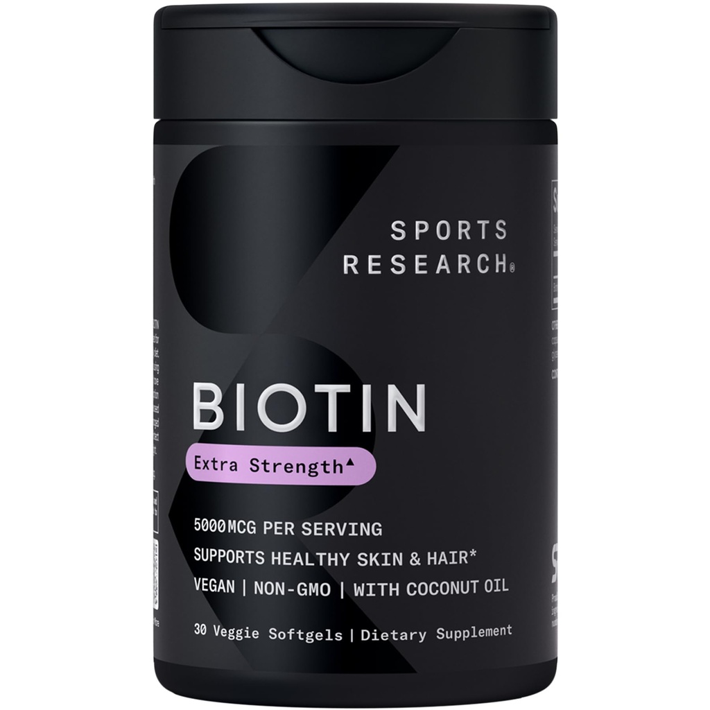 Športový výskum® Biotin 5,000mcg s organickým kokosovým olejom - biotín (vitamín B7) pre zdravú pokožku a podporu vlasov* - pre ženy a mužov - Vegan, Non-GMO, Gluten & Soy-Free - 30 Veggie Softgels
