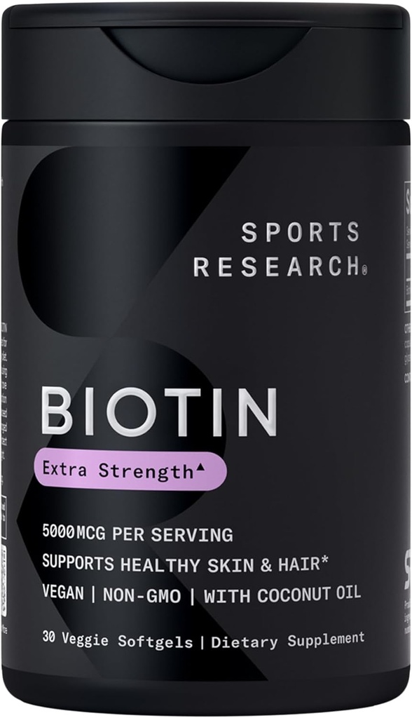 Sports Research® Biotin 5,000mcg with Organic Coconut Oil - Biotin (Vitamin B7) for Healthy Skin and Hair Support* - for Women and Men - Vegan, Non-GMO, Gluten & Soy-Free - 30 Veggie Softgels