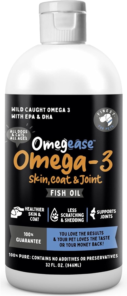 Omegeáza Rybí olej pre psy a mačky - Najjemnejšie pre domáce zvieratá Omega 3 pre mačky a psy - Supplement for Skin & Coat, Svrbenie, Shedding, Joints & Immune Health - 100% Pure Omega Fish Oil with EPA & DHA (32 oz)