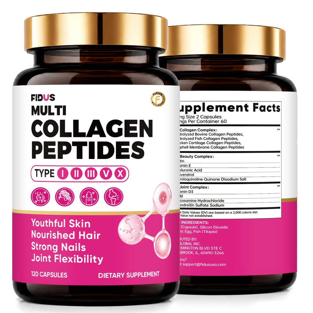 Fidus Multi Collagen Peptides Capsules with Biotin 10000mcg, Hyaluronic Acid & MSM | Type I, II, III, V & X Hydrolyzed Collagen for Women | 120 Capsules