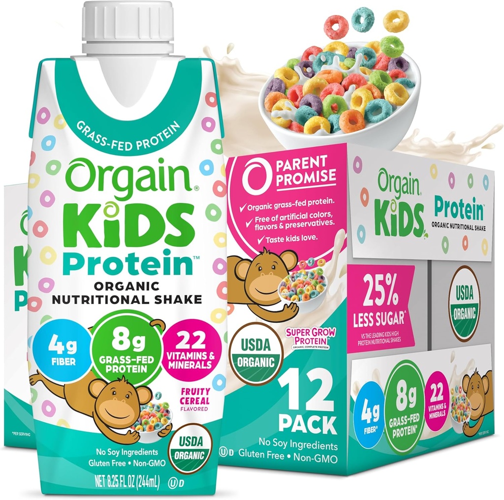 Orgain Organic Kids Nutritional Protein Shake, Fruity Cereal - Kids Snacks with 8g Dairy Protein, 22 Vitamíny a minerály, Ovocie a zelenina, Gluten Free, Soy Free, Non-GMO, 8.25 Fl Oz (Pack of 12)