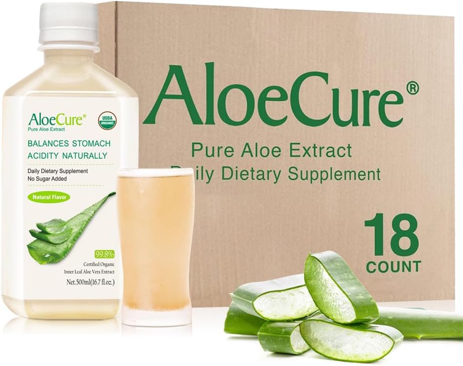 AloeCure USDA Organic Aloe Vera Juice Madein 12 Hrs of Harvest - Pure Aloe Juice Natural Digestive Supplement to Support Digestion, Immune System and Balanced Žalúdočná acidity, 18 x 500ml fľaše