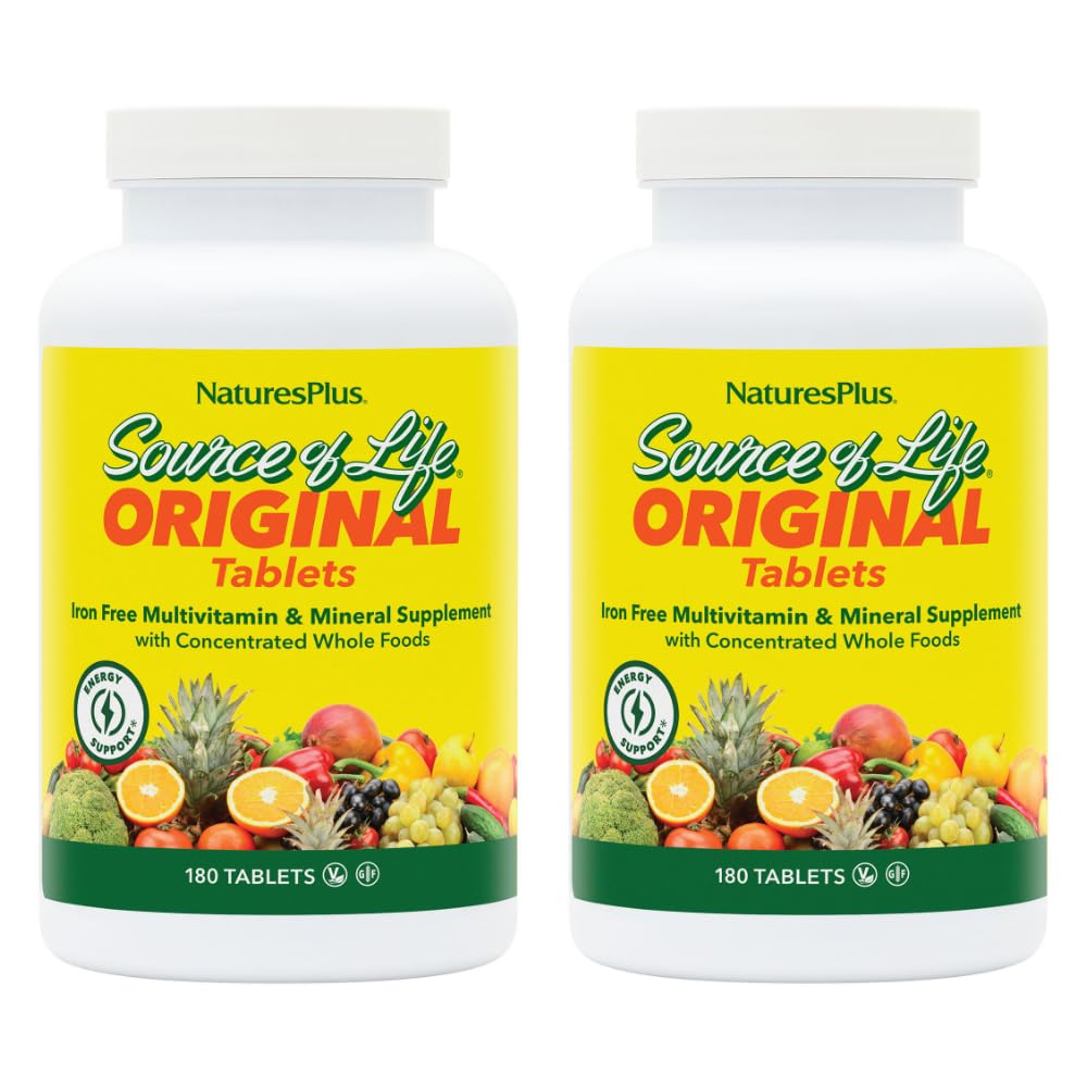 NaturesPlus Source of Life No Iron - 180 Tablets, Pack of 2 - Multivitamin & Mineral Supplement with Vitamin D3 - Supports Energy & Well-Being - Gluten Free, Vegetarian - 120 Total Servings
