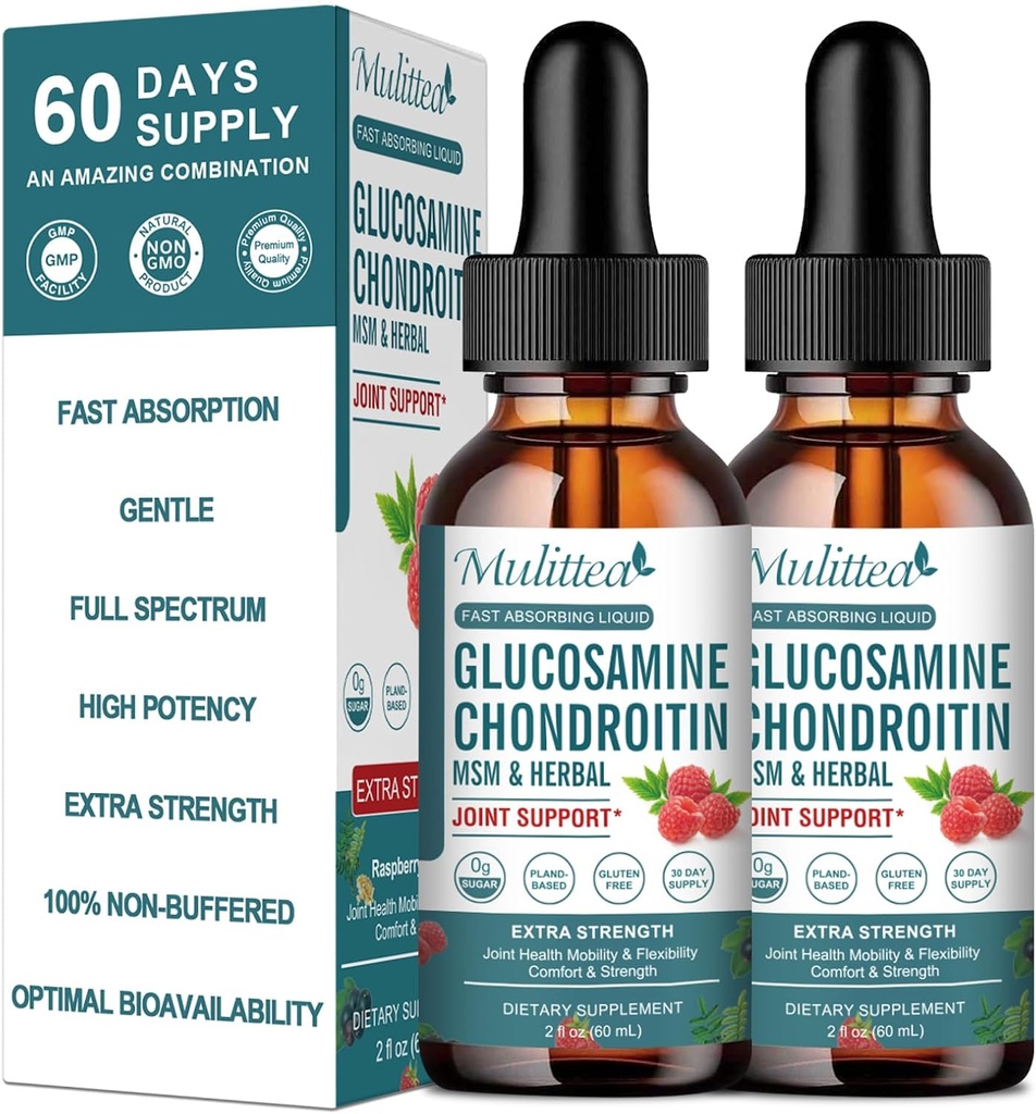 (2 balenia) Glukozamín Chondroitín MSM Liquid Drops - Extra sila Joint Suplement with Elderberry, Boswelia, Hypromelain, Hyalurónová kyselina - Antioxidant Immune Podpora pre dospelých, Muži a ženy