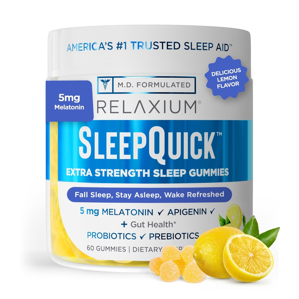 Relaxačný spánok Rýchly Gummy, Podpora spánku, 5 mg Melatonínu, Vitamín D-3, Prebiotický a probiotický Blend, Gluten & Drug Free, Citrónová príchuť, 60 Gummies